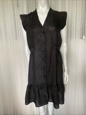 Allegra Masetti Firenze Italy 🇮🇹 Black Button-Front Cap Sleeve 100% Linen Dress
